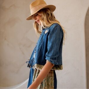 Boho denim patchwork jacket embroidered floral blue ruffles cream